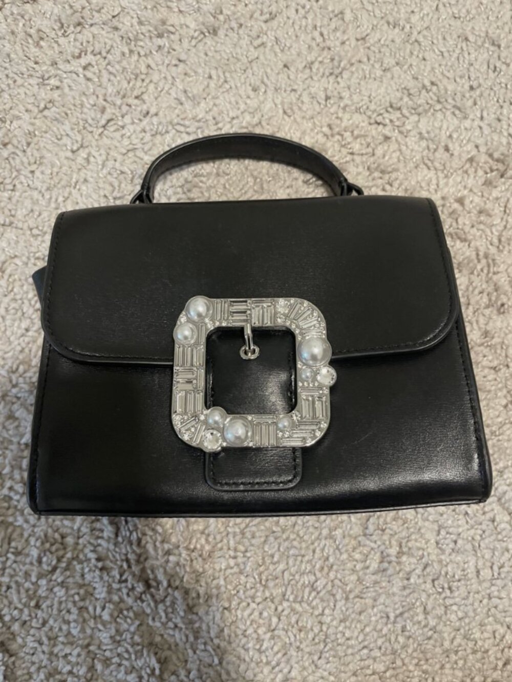 USED Kate Spade Black Small Top Handle Satchel buckle Pearl